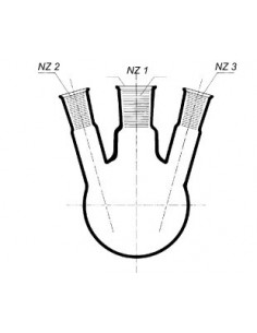 Baňka destilační s kulatým dnem NZ, 2 postranní šikmé tubusy NZ, SIMAX